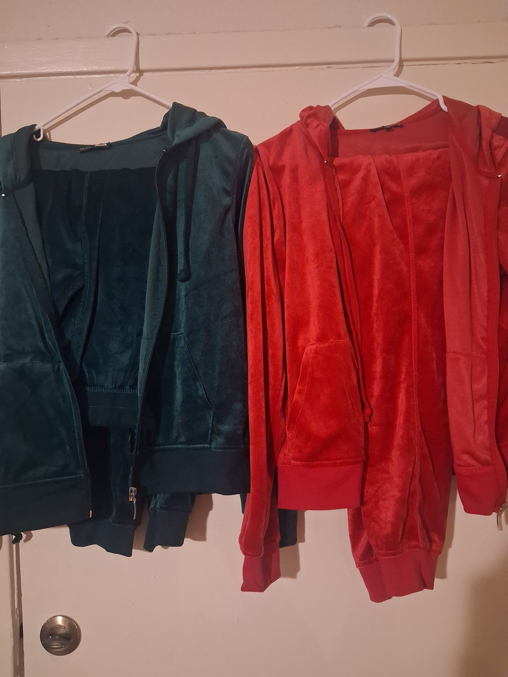 Velour Zip Hoodie Jacket - Red Green Size L